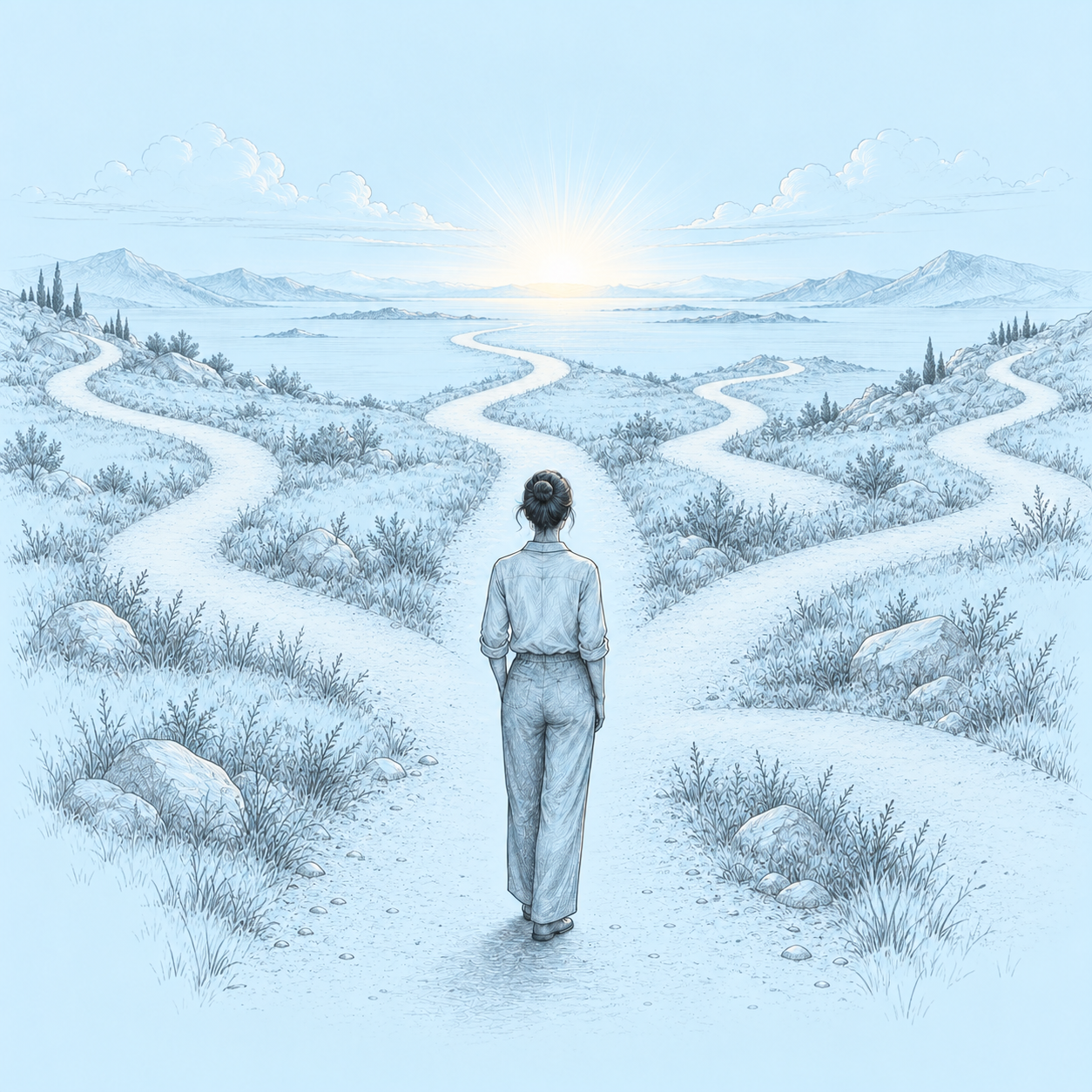 Pessoa escolhendo entre diferentes caminhos diante de um horizonte iluminado